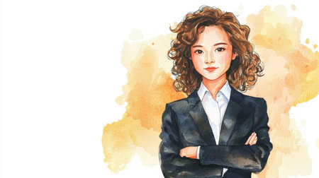 Teen Chinese Woman with Brown Curly Hair watercolor illustration.の素材