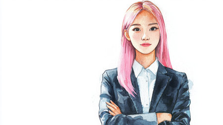 Teen Chinese Woman with Pink Straight Hair watercolor illustration.の素材