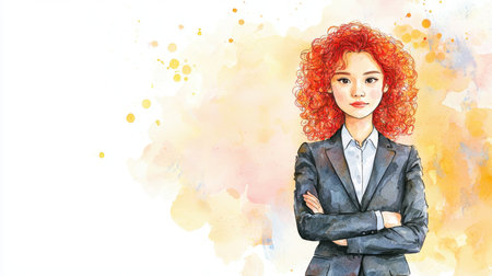 Teen Chinese Woman with Red Curly Hair watercolor illustration.の素材