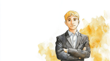 Teen Indian Man with Blond Straight Hair watercolor illustration.の素材