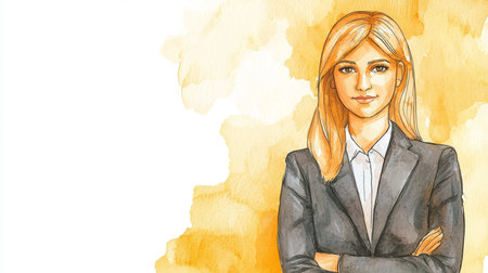 Teen Indian Woman with Blond Straight Hair watercolor illustration.の素材