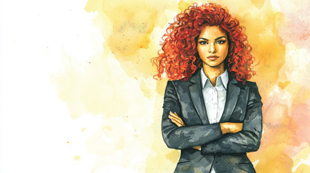 Teen Indian Woman with Red Curly Hair watercolor illustration.の素材