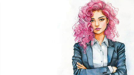 Teen Persian Woman with Pink Curly Hair watercolor illustration.の素材