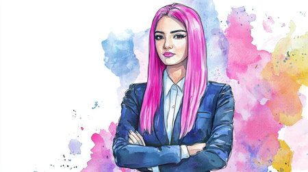 Teen Persian Woman with Pink Straight Hair watercolor illustration.の素材