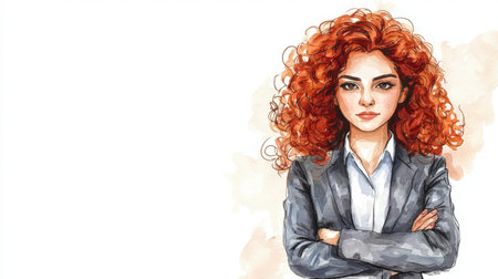 Teen Persian Woman with Red Curly Hair watercolor illustration.の素材