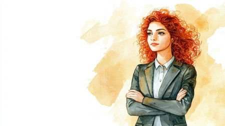 Teen Persian Woman with Red Curly Hair watercolor illustration.の素材