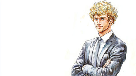 Teen White Man with Blond Curly Hair watercolor illustration.の素材