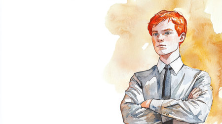 Teen White Man with Red Straight Hair watercolor illustration.の素材
