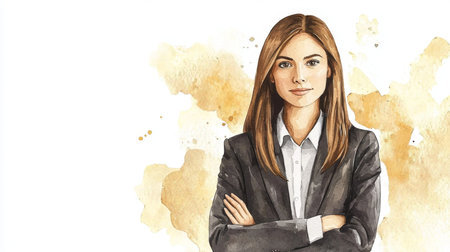 Teen White Woman with Brown Straight Hair watercolor illustration.の素材