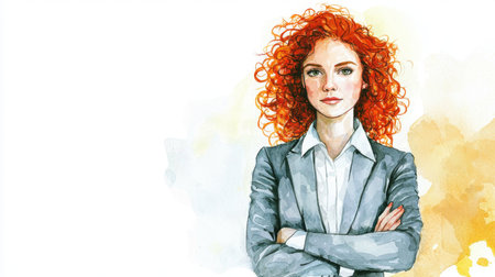 Teen White Woman with Red Curly Hair watercolor illustration.の素材