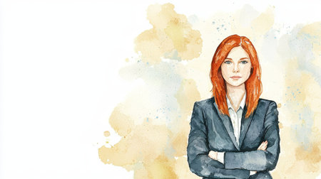 Teen White Woman with Red Straight Hair watercolor illustration.の素材