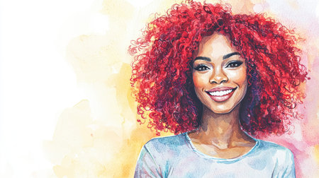 Adult Black Woman with Red Curly Hair watercolor illustration.の素材
