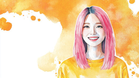 Adult Chinese Woman with Pink Straight Hair watercolor illustration.の素材