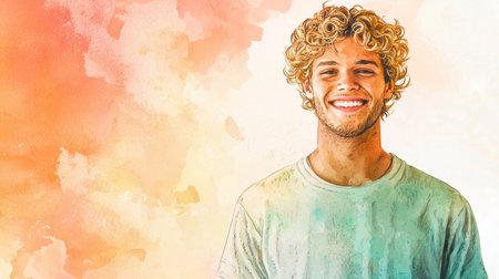 Adult Indian Man with Blond Curly Hair watercolor illustration.の素材