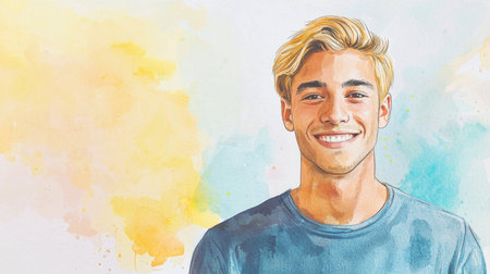 Adult Latino Man with Blond Straight Hair watercolor illustration.の素材