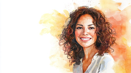 Adult Latino Woman with Brown Curly Hair watercolor illustration.の素材