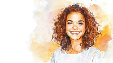 Adult Latino Woman with Brown Curly Hair watercolor illustration.の素材
