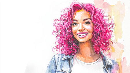 Adult Latino Woman with Pink Curly Hair watercolor illustration.の素材