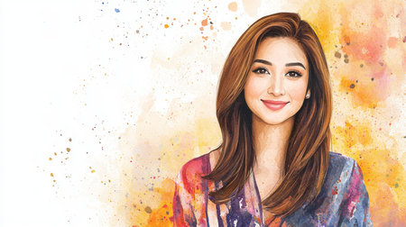 Adult Persian Woman with Brown Straight Hair watercolor illustration.の素材
