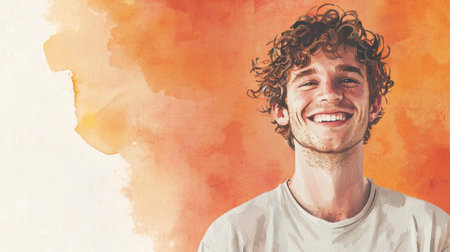 Adult White Man with Brown Curly Hair watercolor illustration.の素材