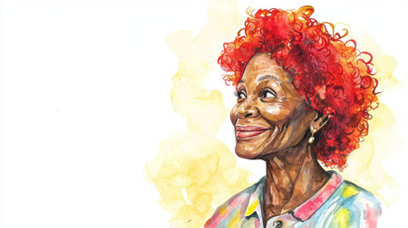 Old Black Woman with Red Curly Hair watercolor illustration.の素材