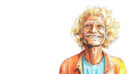 Old Indian Man with Blond Curly Hair watercolor illustration.の素材