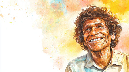 Old Indian Man with Brown Curly Hair watercolor illustration.の素材