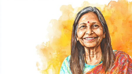 Old Indian Woman with Brown Straight Hair watercolor illustration.の素材