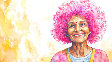Old Indian Woman with Pink Curly Hair watercolor illustration.の素材
