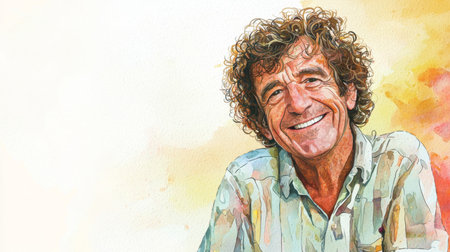 Old Latino Man with Brown Curly Hair watercolor illustration.の素材