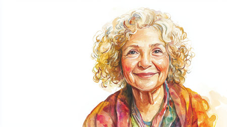 Old Persian Woman with Blond Curly Hair watercolor illustration.の素材