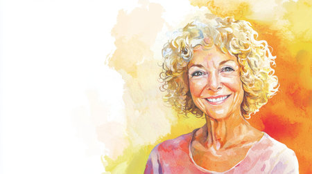 Old Latino Woman with Blond Curly Hair watercolor illustration.の素材