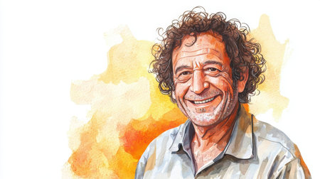Old Persian Man with Brown Curly Hair watercolor illustration.の素材