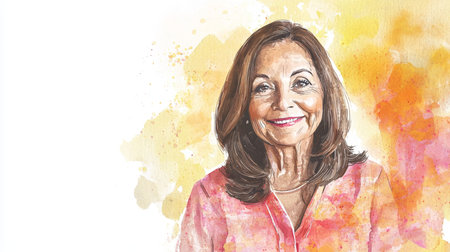 Old Latino Woman with Brown Straight Hair watercolor illustration.の素材