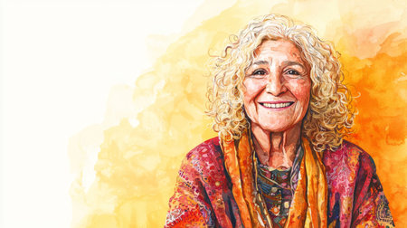 Old Persian Woman with Blond Curly Hair watercolor illustration.の素材