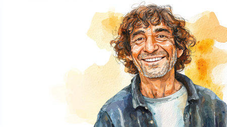 Old Persian Man with Brown Curly Hair watercolor illustration.の素材