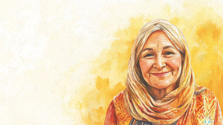 Old Persian Woman with Blond Straight Hair watercolor illustration.の素材