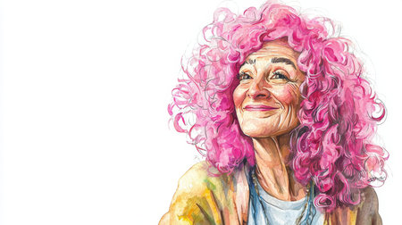 Old Persian Woman with Pink Curly Hair watercolor illustration.の素材