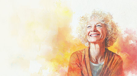 Old White Woman with Blond Curly Hair watercolor illustration.の素材