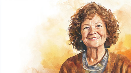 Old White Woman with Brown Curly Hair watercolor illustration.の素材