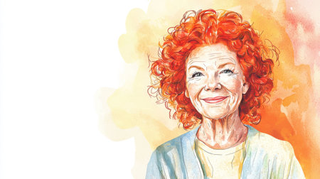 Old White Woman with Red Curly Hair watercolor illustration.の素材