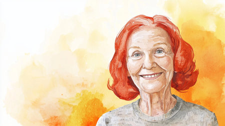 Old White Woman with Red Straight Hair watercolor illustration.の素材