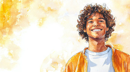 Teen Black Man with Brown Curly Hair watercolor illustration.の素材