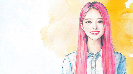 Teen Chinese Woman with Pink Straight Hair watercolor illustration.の素材