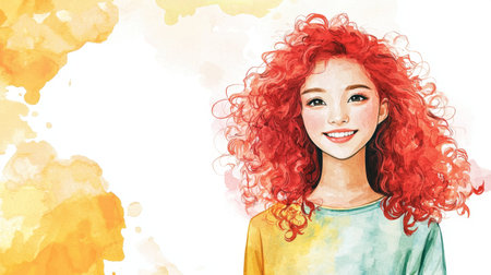 Teen Chinese Woman with Red Curly Hair watercolor illustration.の素材