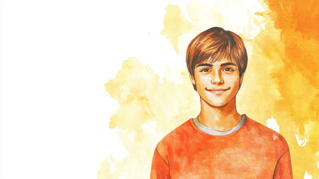 Teen Indian Man with Brown Straight Hair watercolor illustration.の素材