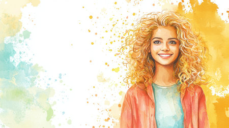 Teen Indian Woman with Blond Curly Hair watercolor illustration.の素材