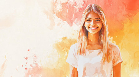 Teen Indian Woman with Blond Straight Hair watercolor illustration.の素材