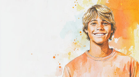 Teen Latino Man with Blond Straight Hair watercolor illustration.の素材