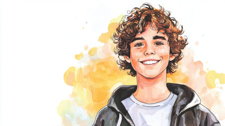 Teen Latino Man with Brown Curly Hair watercolor illustration.の素材